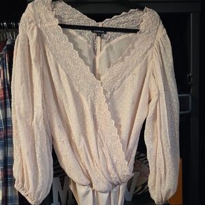 Express Light Pink Lace Trim Blouse